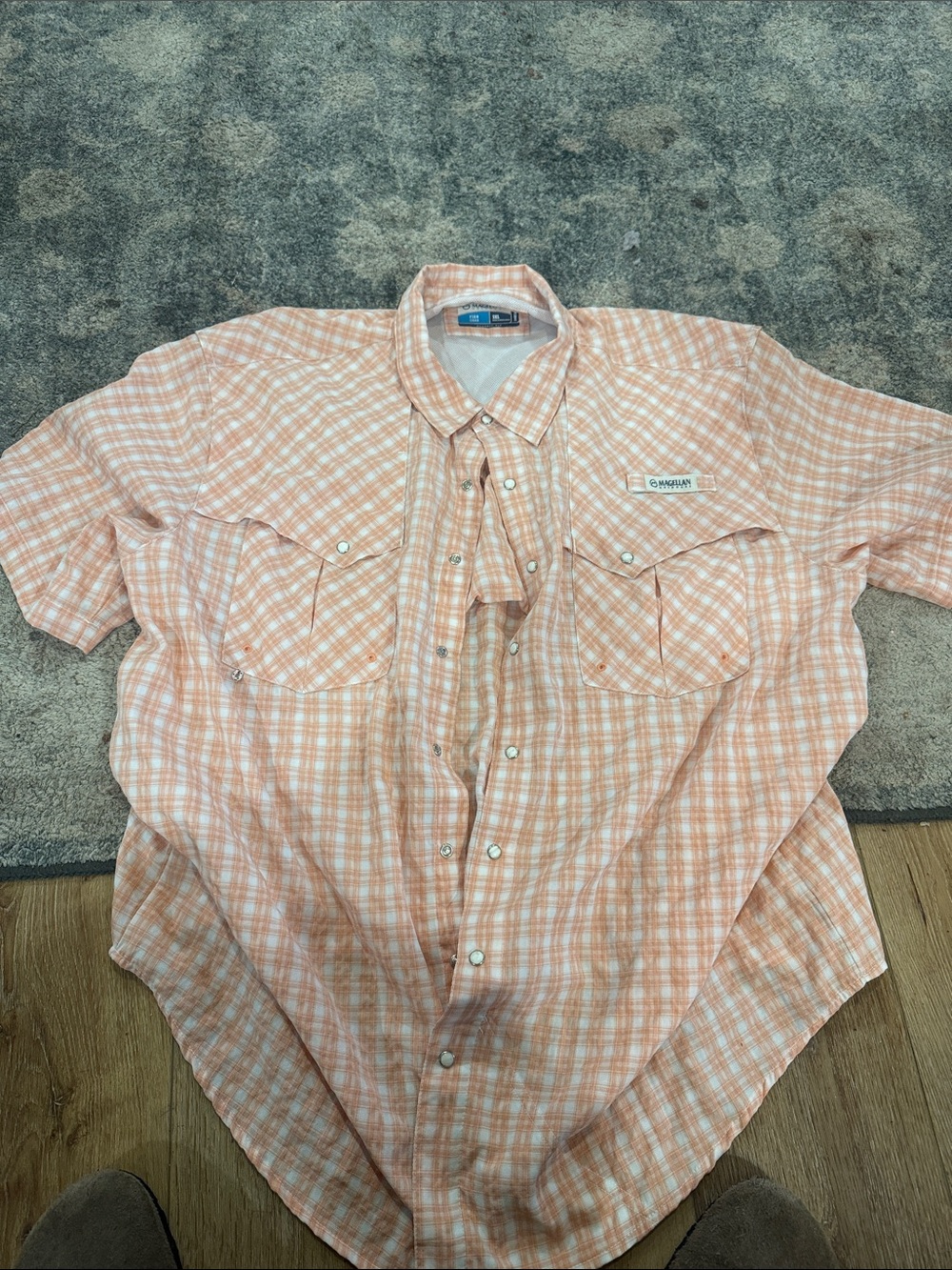 Magellan Men’s  Short Sleeve Orange Plaid Button-Up Shirt Pearl Snap